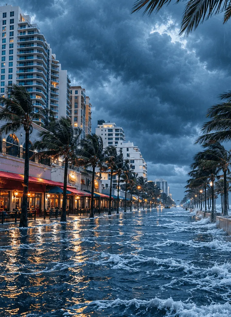 Fort Lauderdale beachfront flooded by storm surge, waves rolling past restaurants and high-rise condos