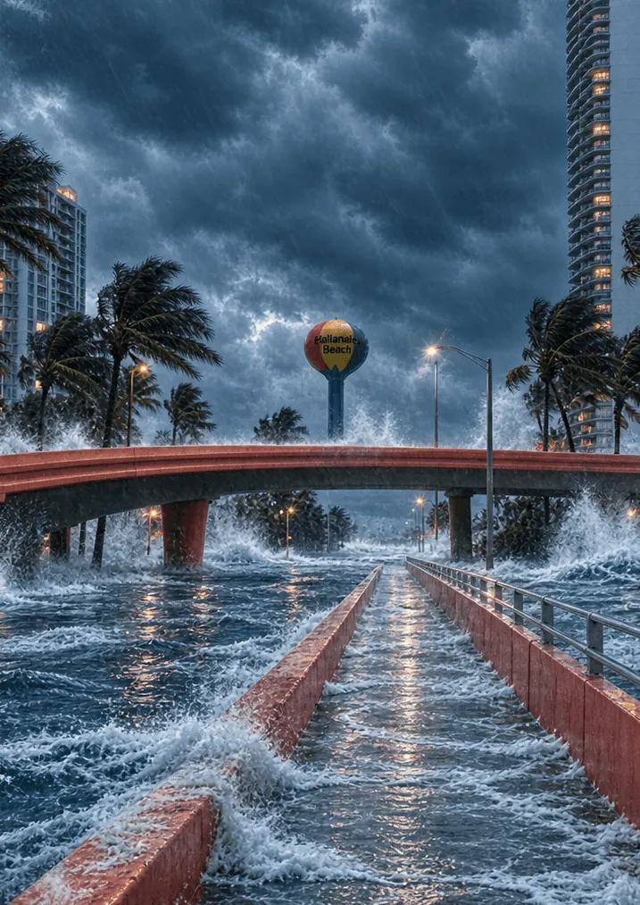 Floodwater surging across a walkway and under a bridge in Hallandale Beach, water tower in the distance