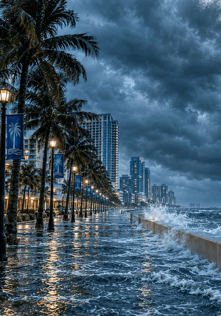 Hollywood Broadwalk flooded by storm surge, palm trees and lamp posts along the waterfront