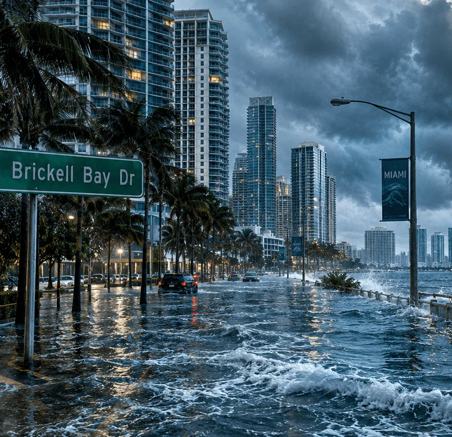 Brickell Bay Drive in Miami flooded during a storm, waves washing across the road below high-rise towers